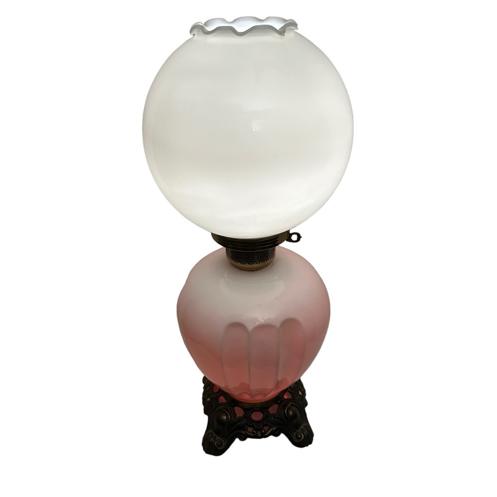 Vtg Hand Painted Floral Bulbous Ceramic Hurricane Parlor Lamp Brass Pedestal 24” - Picture 3 of 17